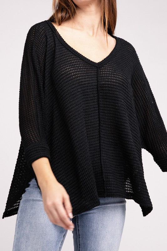 3/4 Sleeve V-Neck Hi-Low Hem Jacquard Sweater - Tigbul's Variety Fashion Shop