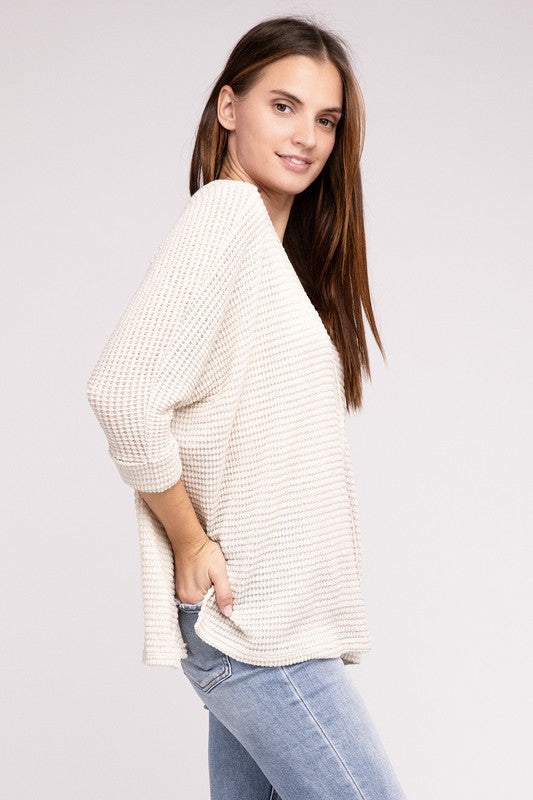 3/4 Sleeve V-Neck Hi-Low Hem Jacquard Sweater - Tigbul's Variety Fashion Shop