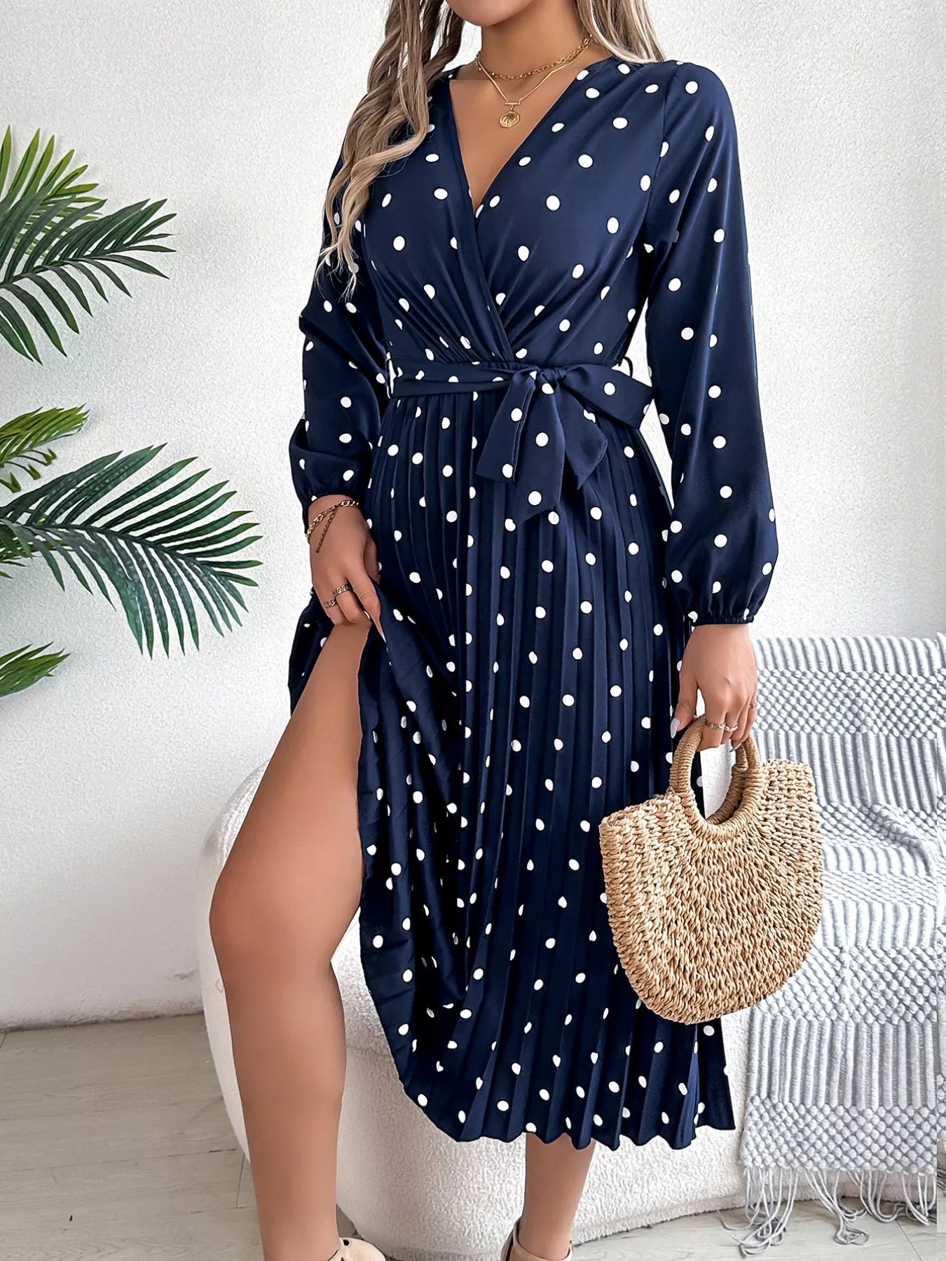 Front Tie Polka Dot Midi Pleated Dress - Tigbul's Variety Fashion Shop