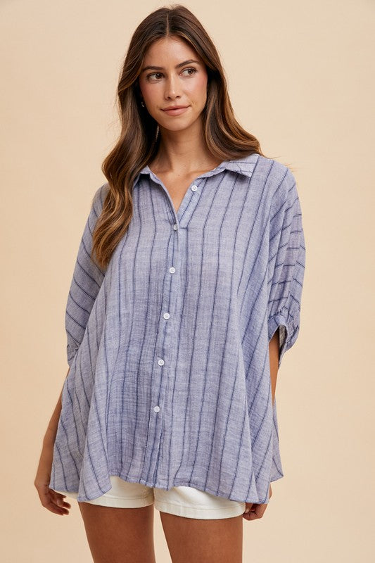 Dusty Blue Striped Button Up Half Sleeve Shirt - Tigbul's Variety Fashion Shop