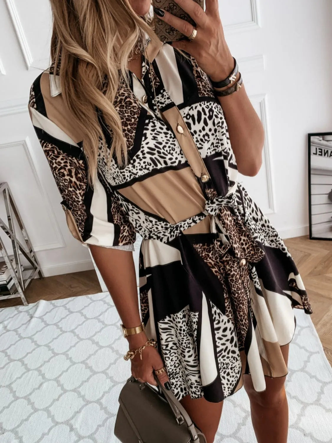 Printed Tie Waist Roll-Tab Sleeve Mini Dress - Tigbul's Variety Fashion Shop