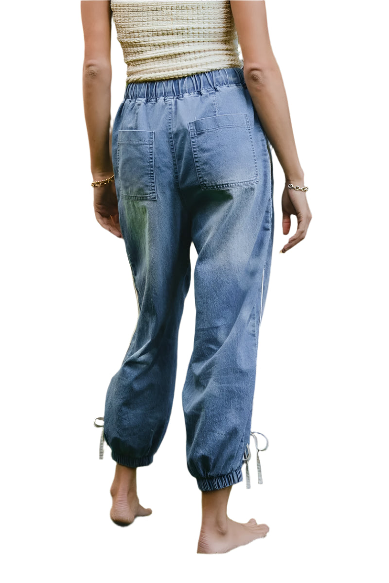BiBi Striped Tape Details With Bot Tied Point Elastic Waist Jeans - Tigbul's Variety Fashion Shop