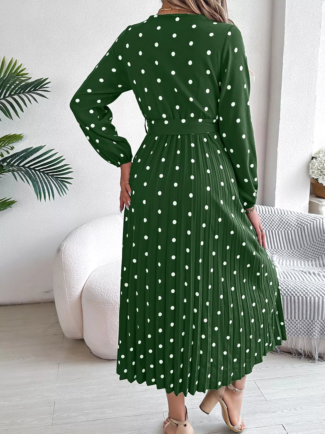 Front Tie Polka Dot Midi Pleated Dress - Tigbul's Variety Fashion Shop