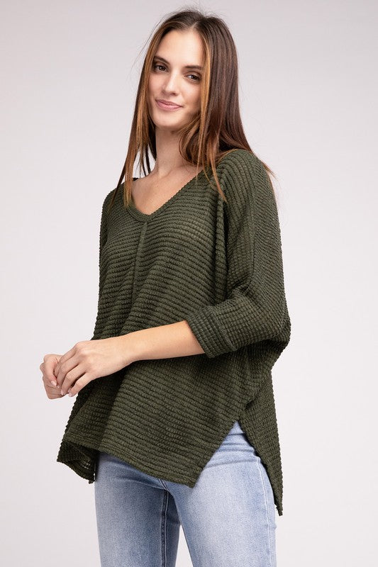 3/4 Sleeve V-Neck Hi-Low Hem Jacquard Sweater - Tigbul's Variety Fashion Shop
