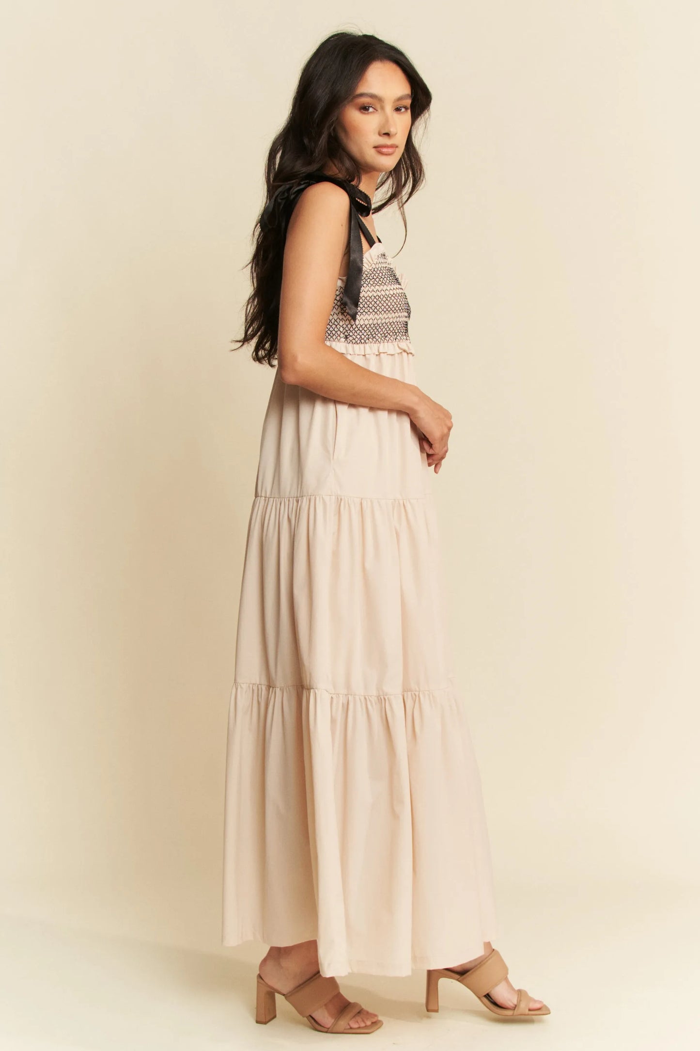 Beige Multi Contrast Smocked Bodice Straps Maxi Dress - Tigbul's Variety Fashion Shop