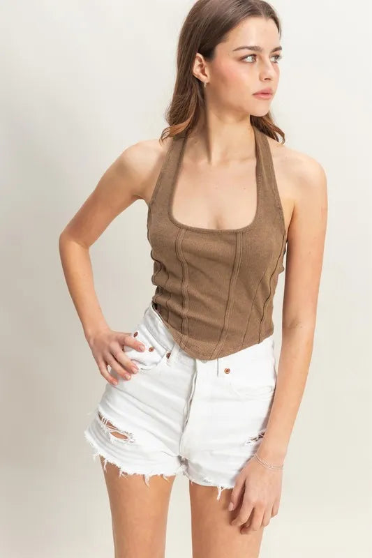 Mineral Wash Halter Neck Everyday Top - Tigbul's Variety Fashion Shop