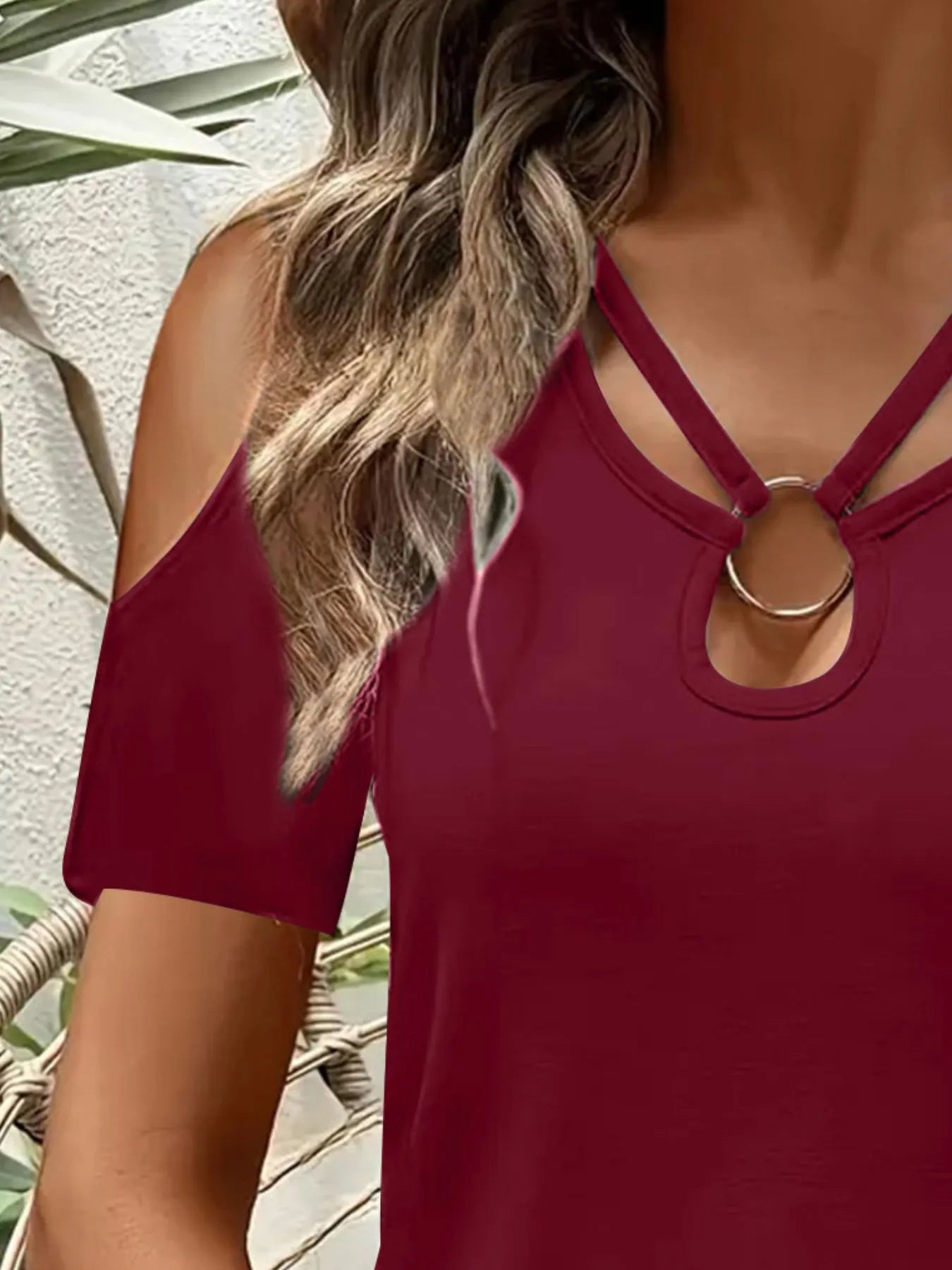 Cold Shoulder T-Shirt with Metal Ring Detail - Tigbul's Variety Fashion Shop
