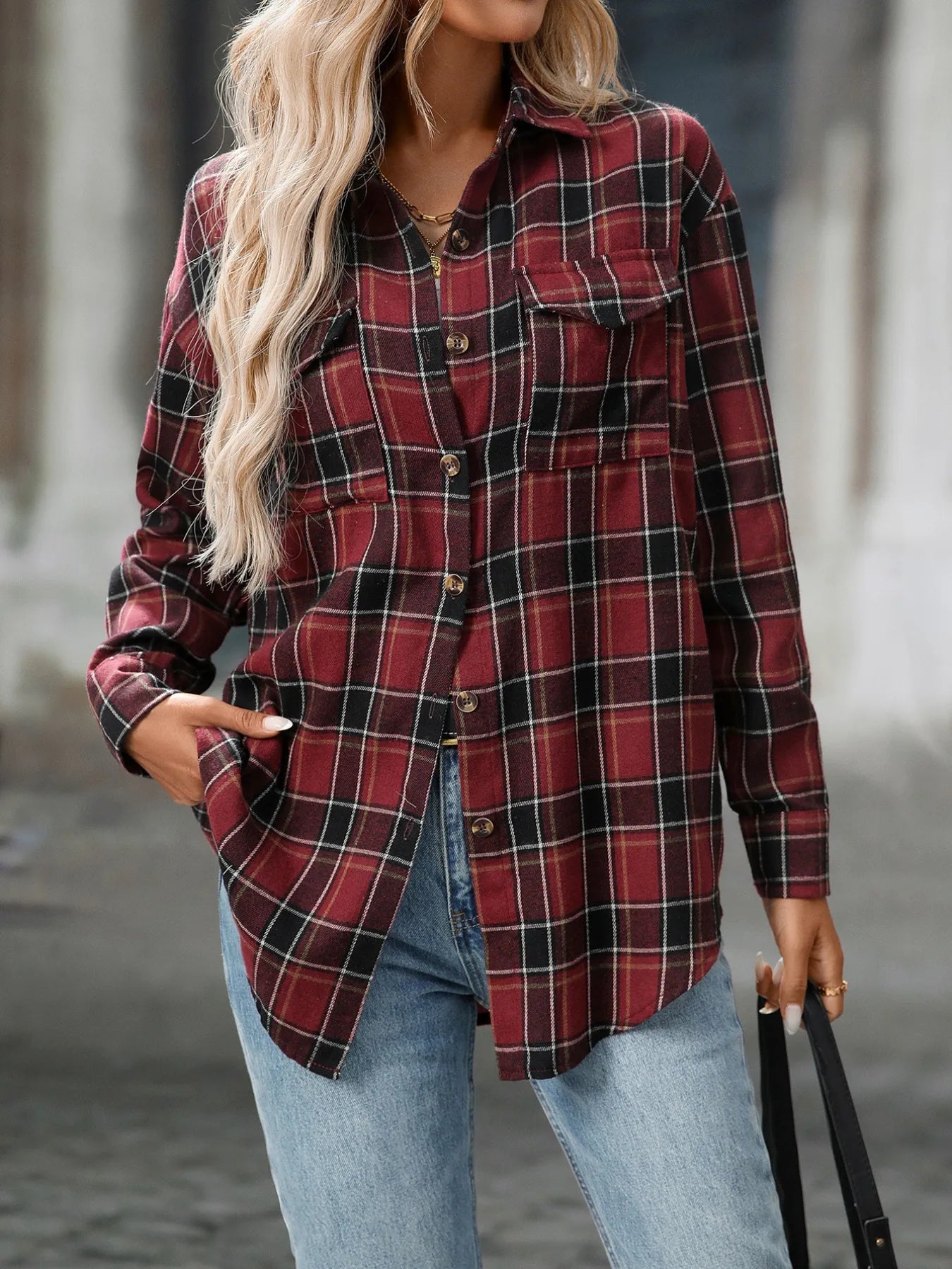 Plaid Button-Down Oversized Shirt - Tigbul's Variety Fashion Shop