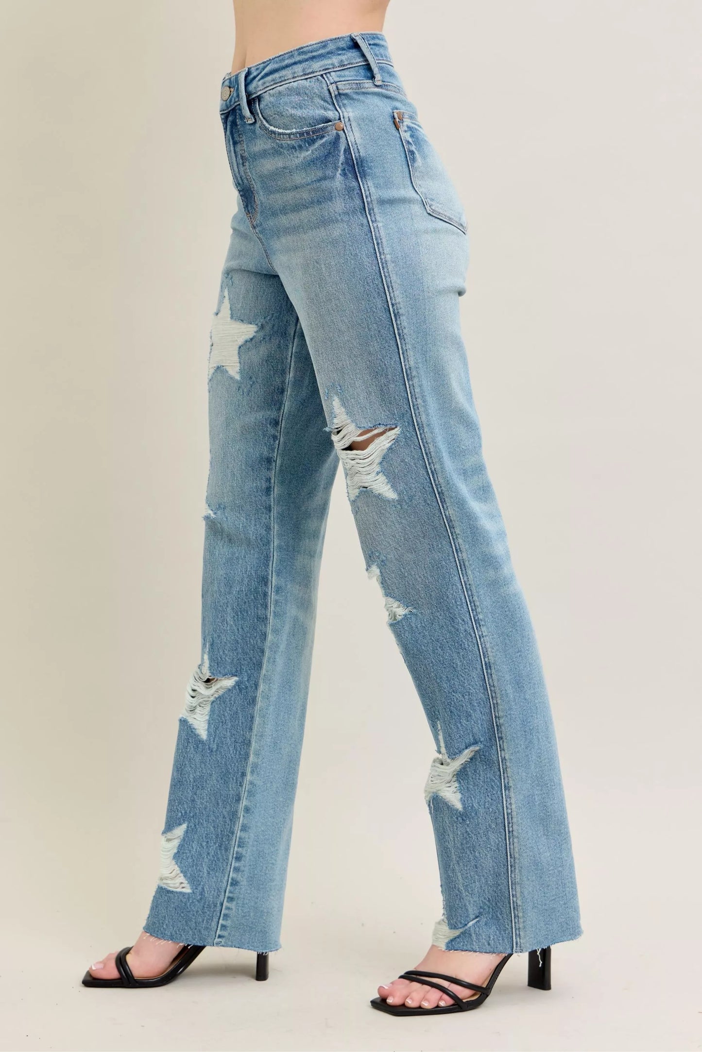 Judy Blue Full Size High Waist Rigid Magic Star Shaped Destroy 90's Straight Jeans Plus Size - Tigbul's Variety Fashion Shop