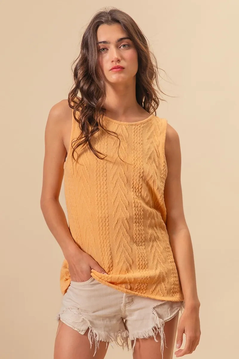 Textured Sweather Knit Twist Back Sleeveless Yellow Top - Tigbul's Variety Fashion Shop