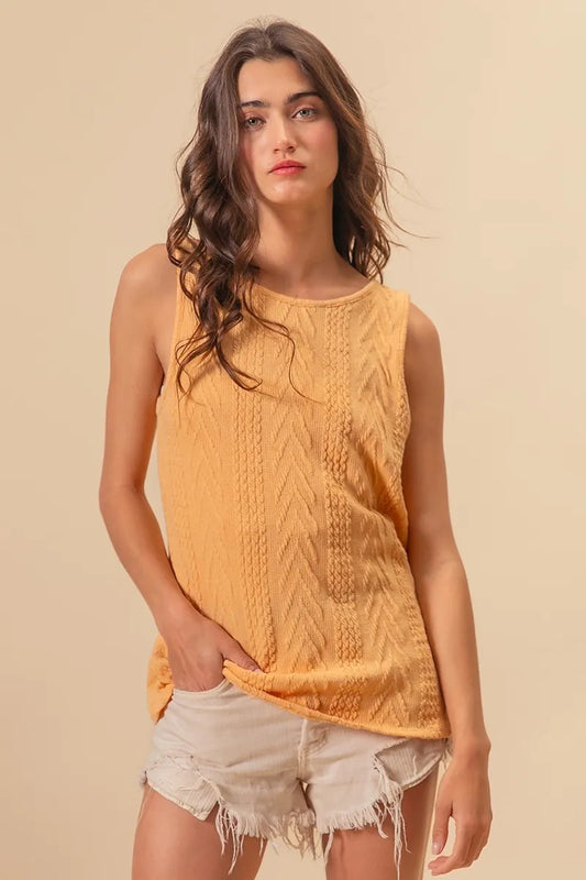 Textured Sweather Knit Twist Back Sleeveless Yellow Top - Tigbul's Variety Fashion Shop