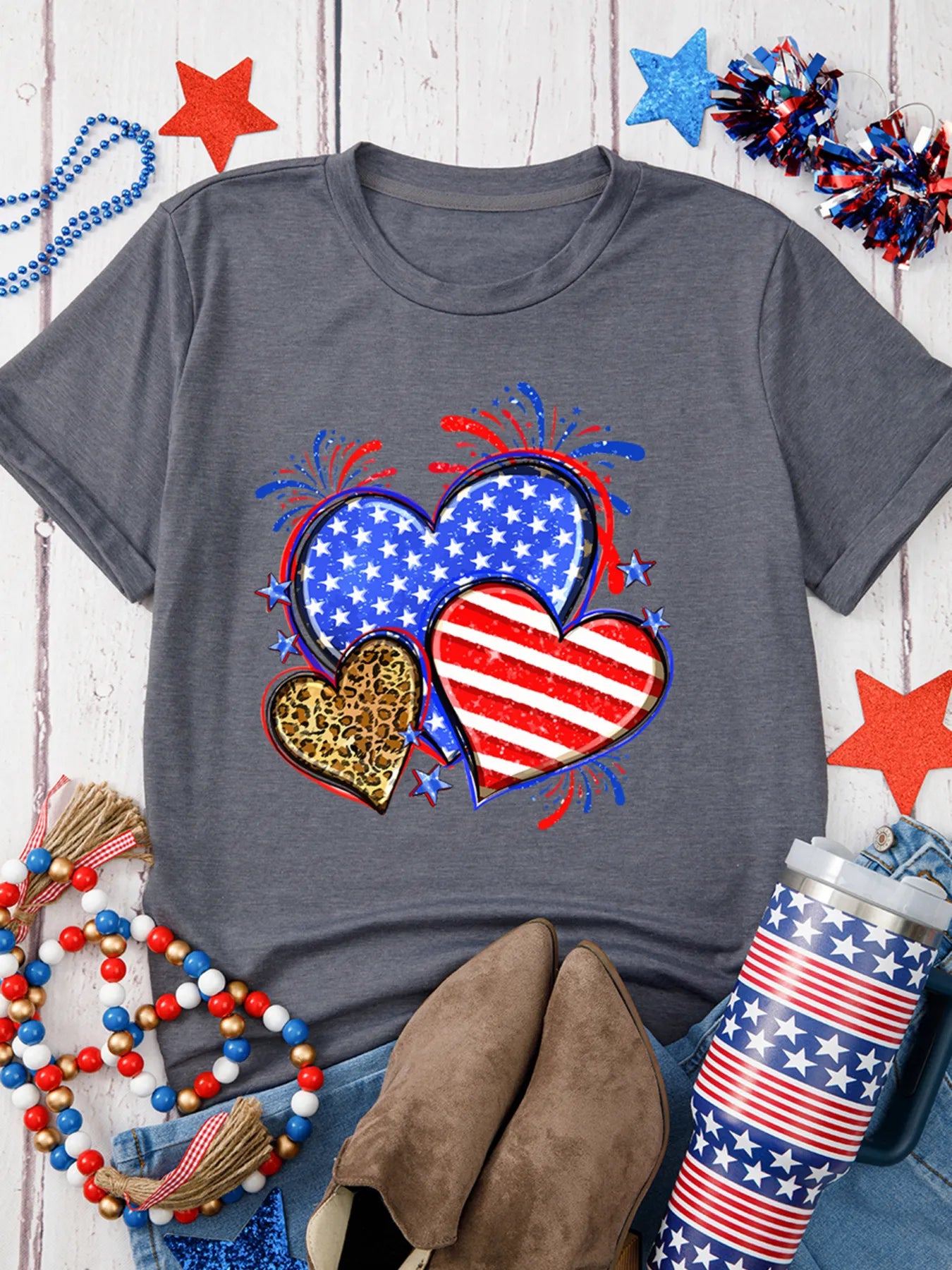 American Heart Graphic Round Neck T Shirt - Tigbul's Variety Fashion Shop