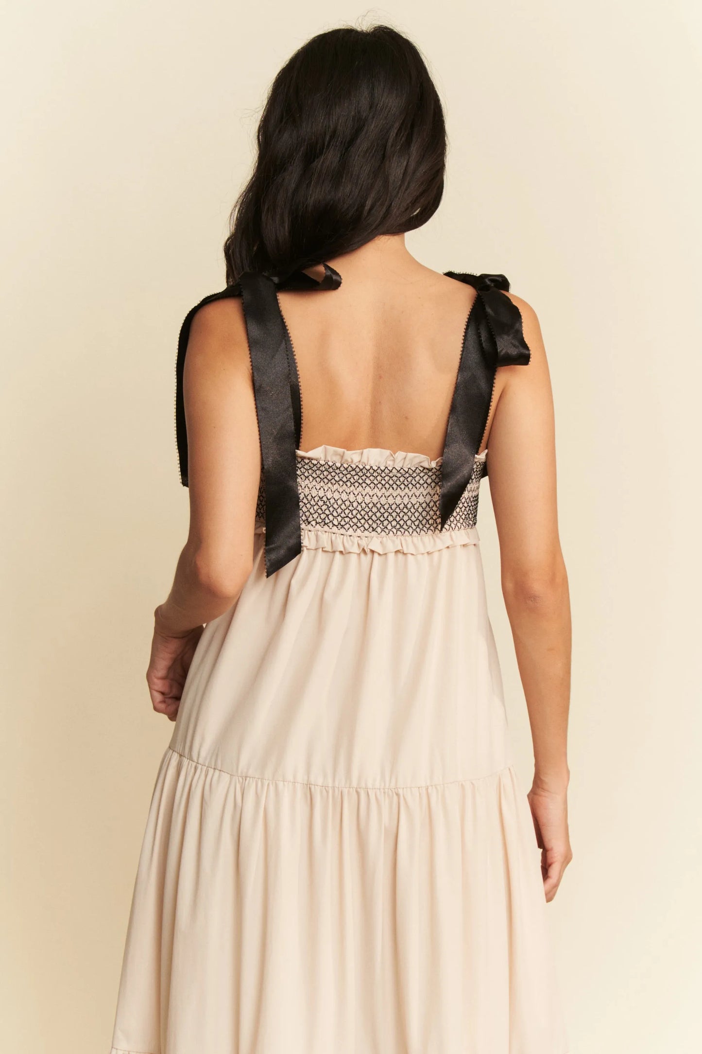 Beige Multi Contrast Smocked Bodice Straps Maxi Dress - Tigbul's Variety Fashion Shop