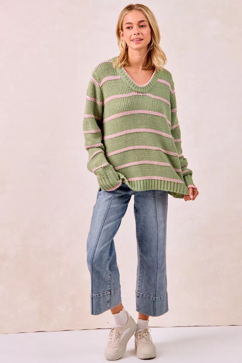 BiBi Striped Long Sleeve Sweater - Tigbul's Variety Fashion Shop
