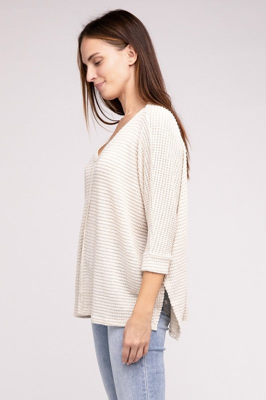 3/4 Sleeve V-Neck Hi-Low Hem Jacquard Sweater - Tigbul's Variety Fashion Shop
