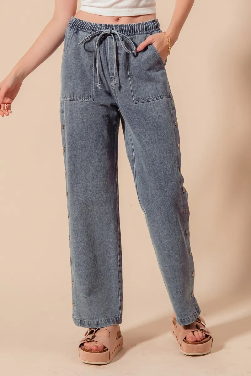 SO ME Mid Rise Drawstring Jeans with Side Snap Button - Tigbul's Variety Fashion Shop