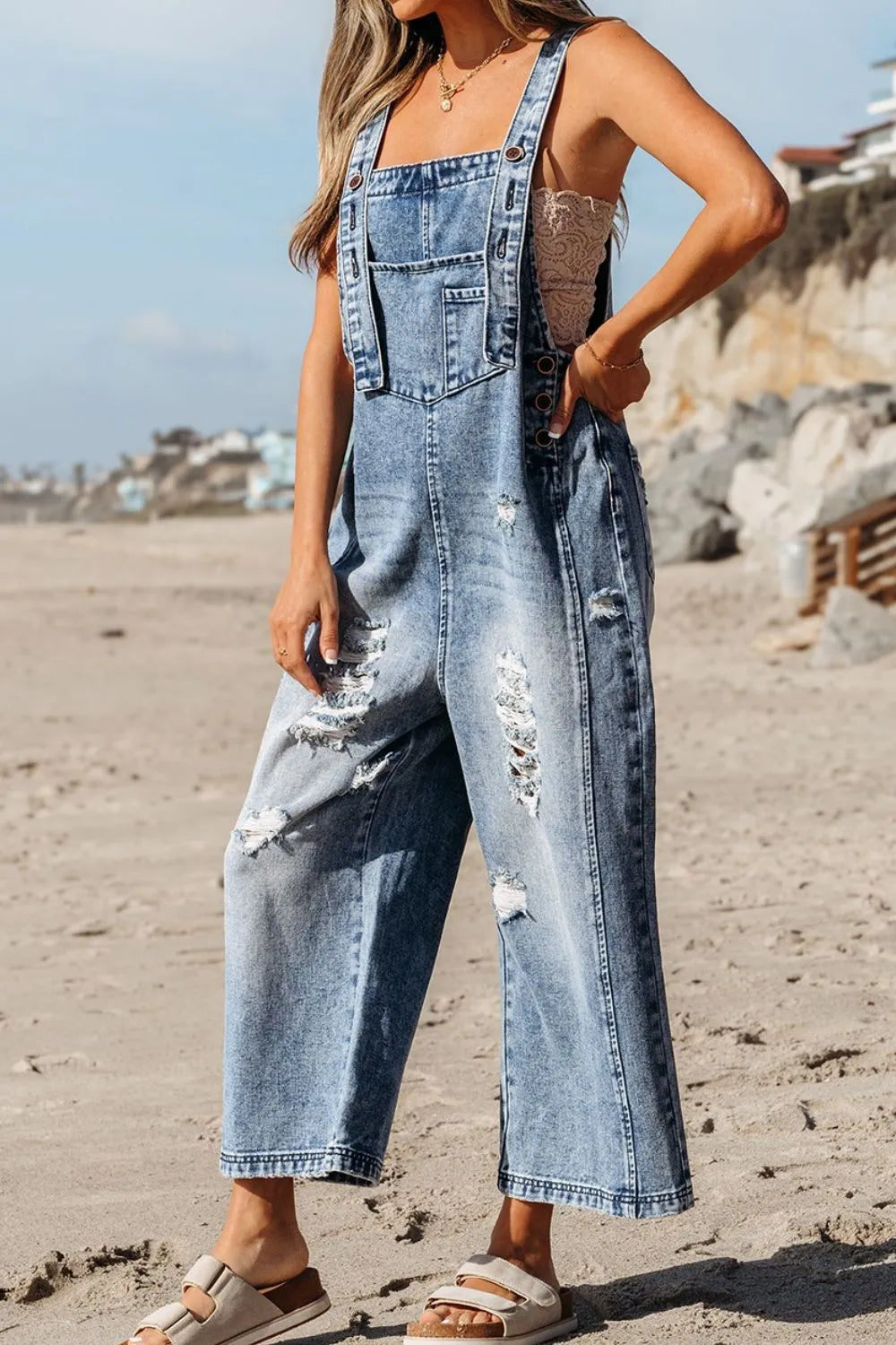 Distressed Bib Pocket Wide Leg Denim Overalls - Tigbul's Variety Fashion Shop