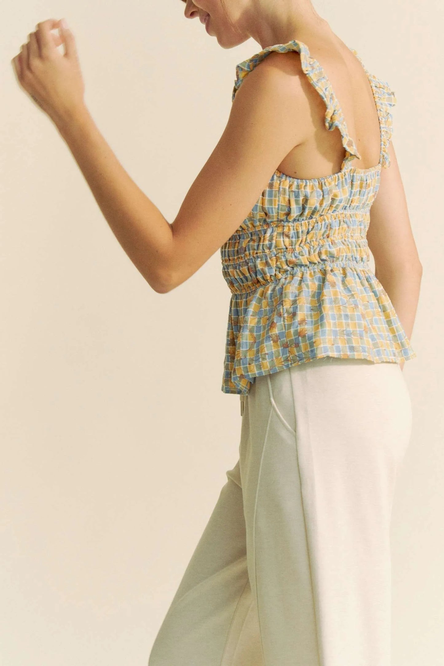 Plaid Ruffled Strap Smocked Blue Sleeveless Top - Tigbul's Variety Fashion Shop
