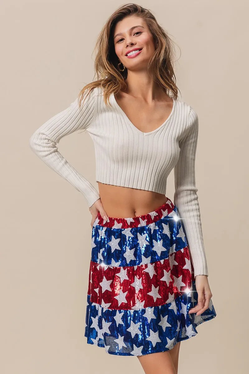 American Flag Theme Star Sequin Tiered Skirt - Tigbul's Variety Fashion Shop