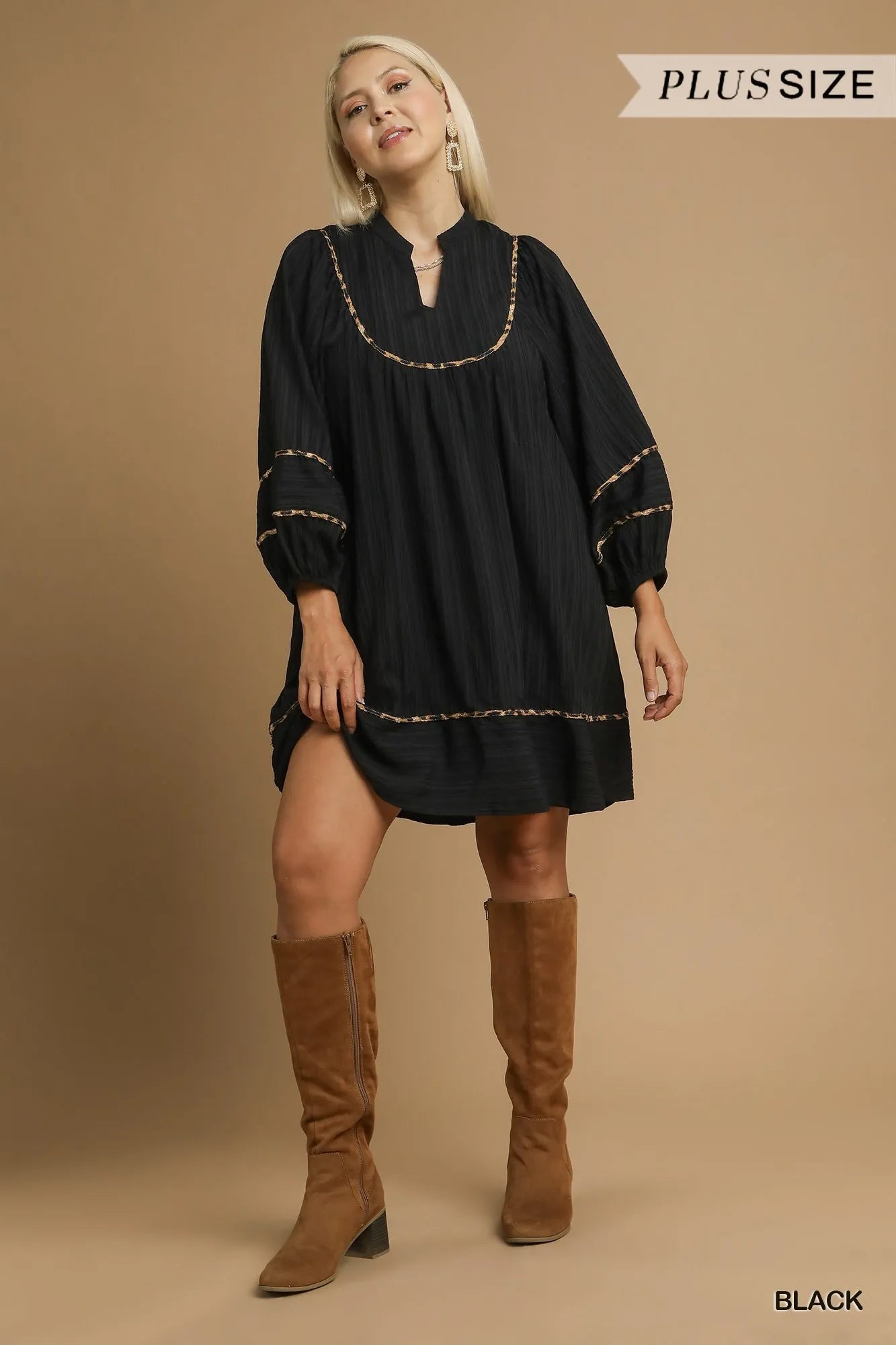 Umgee Full Size Textured Babydoll Dress with Leopard Trim Plus Size - Tigbul's Variety Fashion Shop