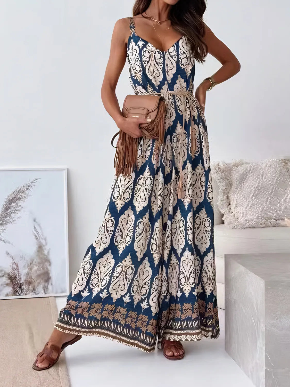 Printed V-Neck Wide Leg Jumpsuit - Tigbul's Variety Fashion Shop