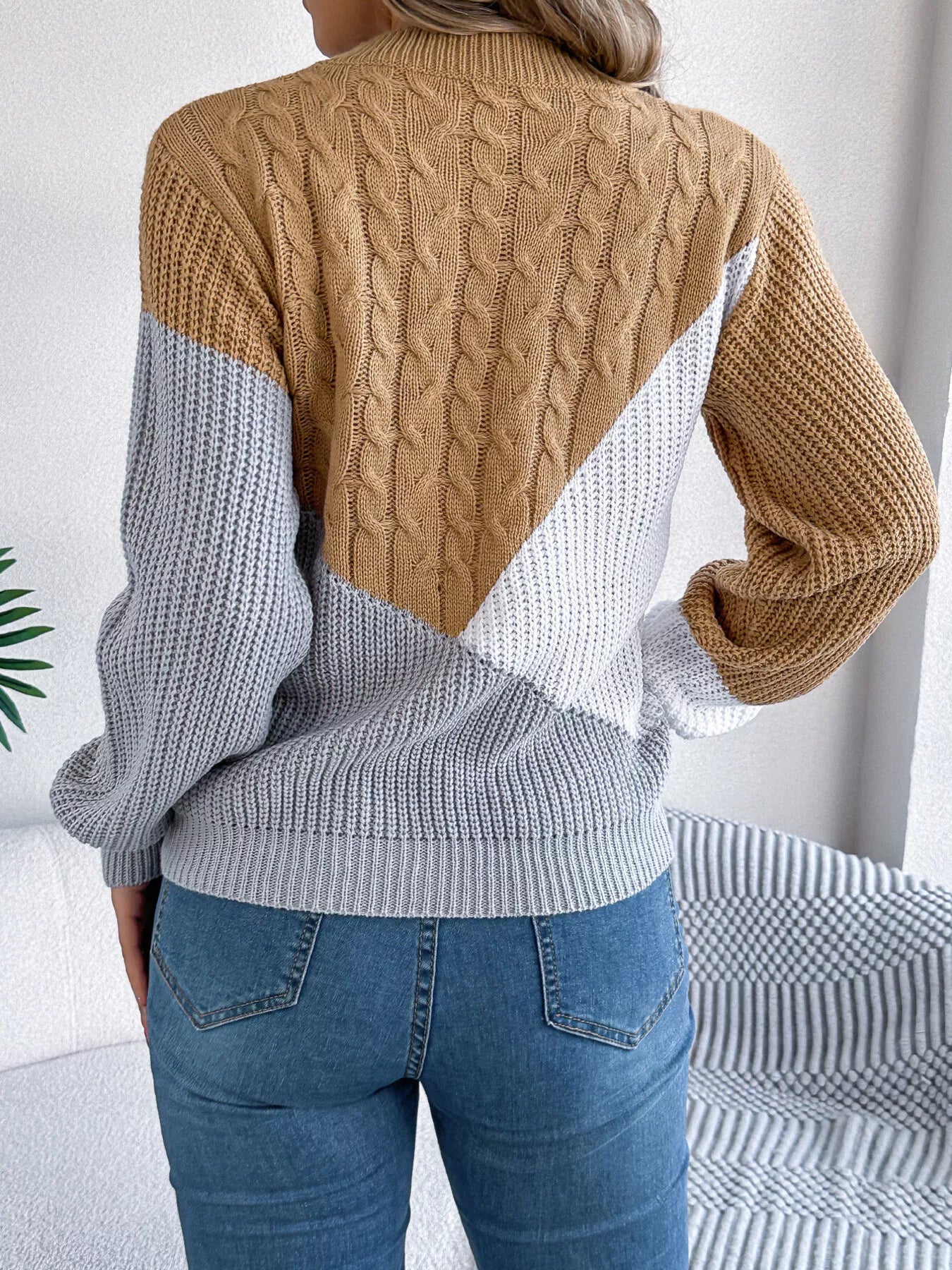 Color Block Cable Knit Long Sleeve Sweater - Tigbul's Variety Fashion Shop