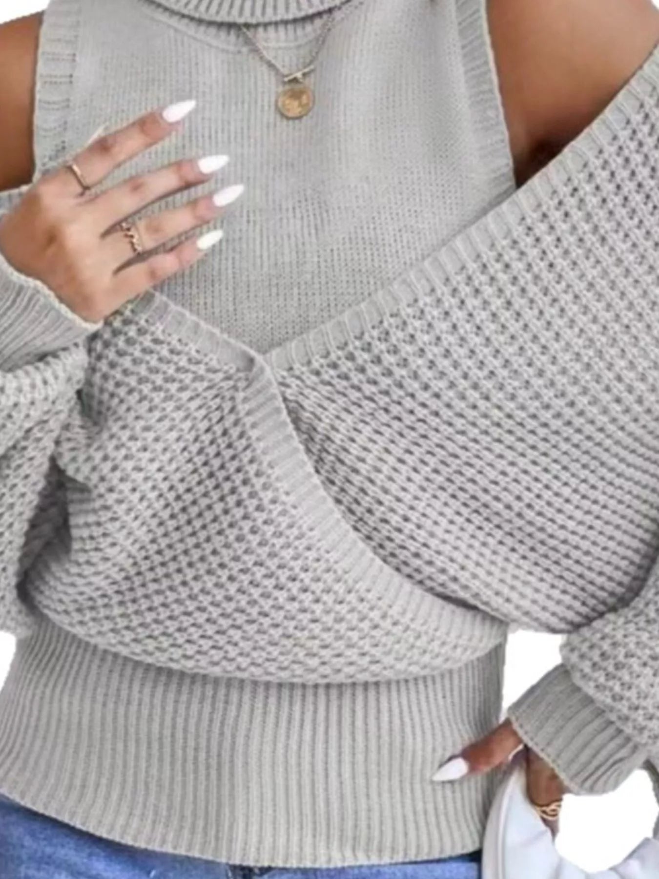 Waffle Knit Cold Shoulder Turtleneck Sweater - Tigbul's Variety Fashion Shop