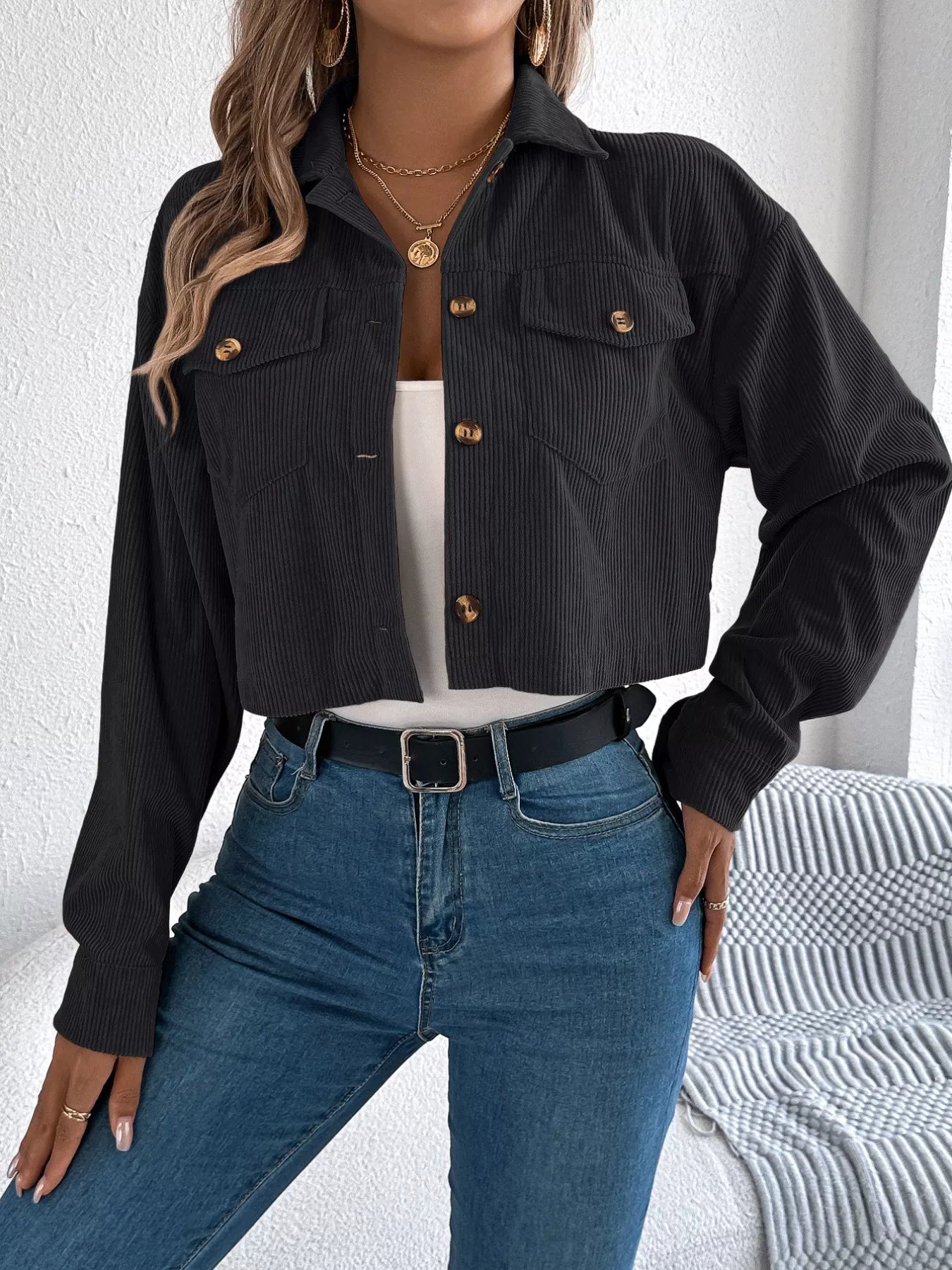 Corduroy Button-Up Dropped Shoulder Jacket - Tigbul's Variety Fashion Shop