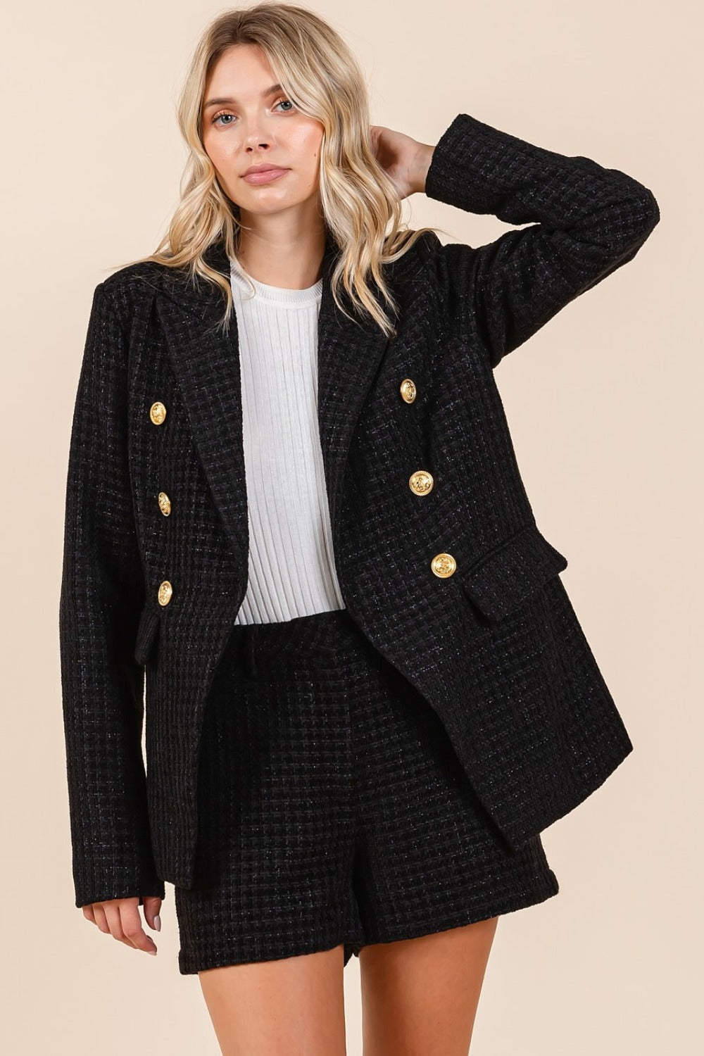 Mittoshop Plaid Texture Double-Breasted Long Sleeve Blazer - Tigbul's Variety Fashion Shop