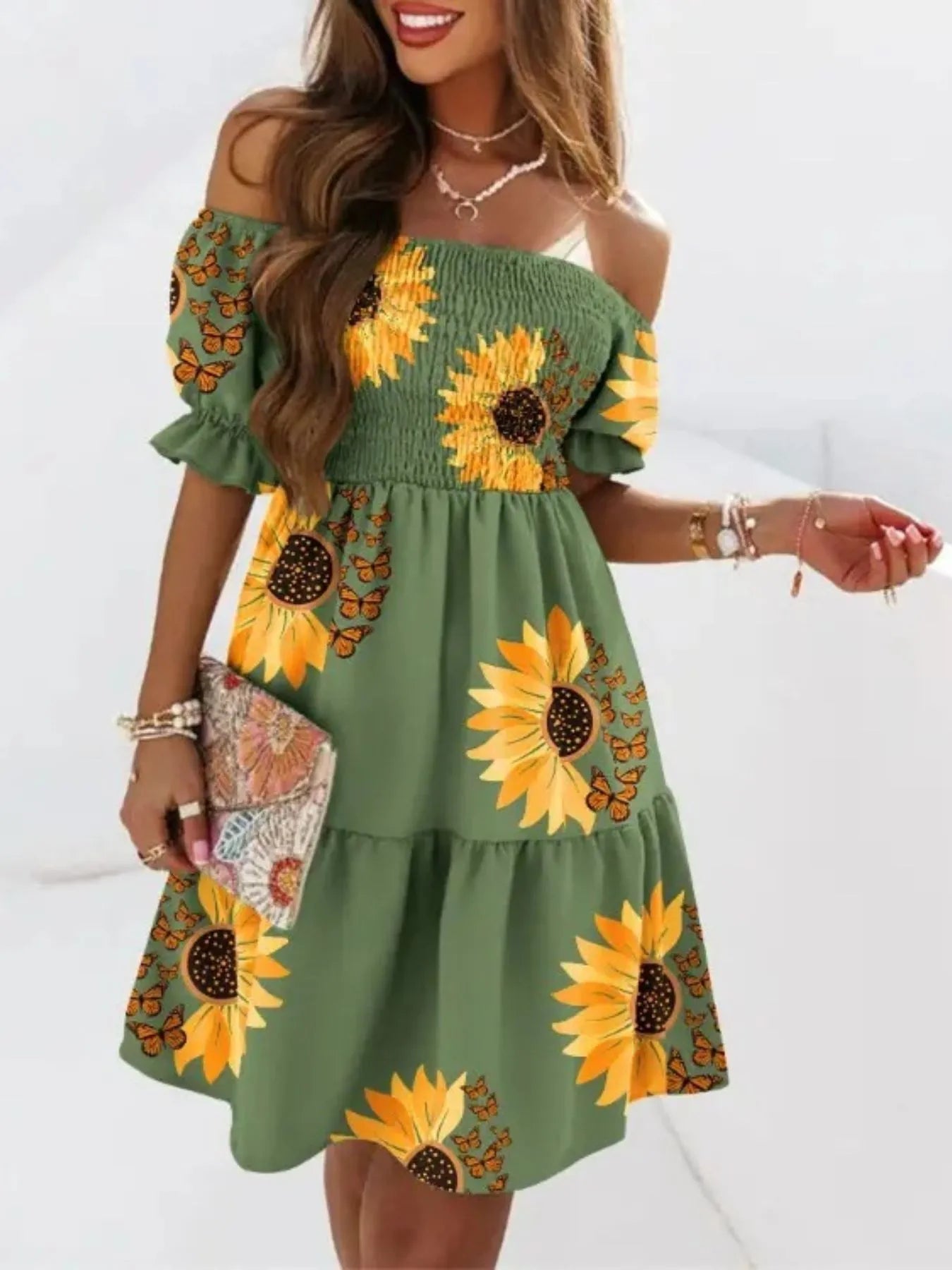 Off Shoulder Smocked Summer Dress - Tigbul's Variety Fashion Shop