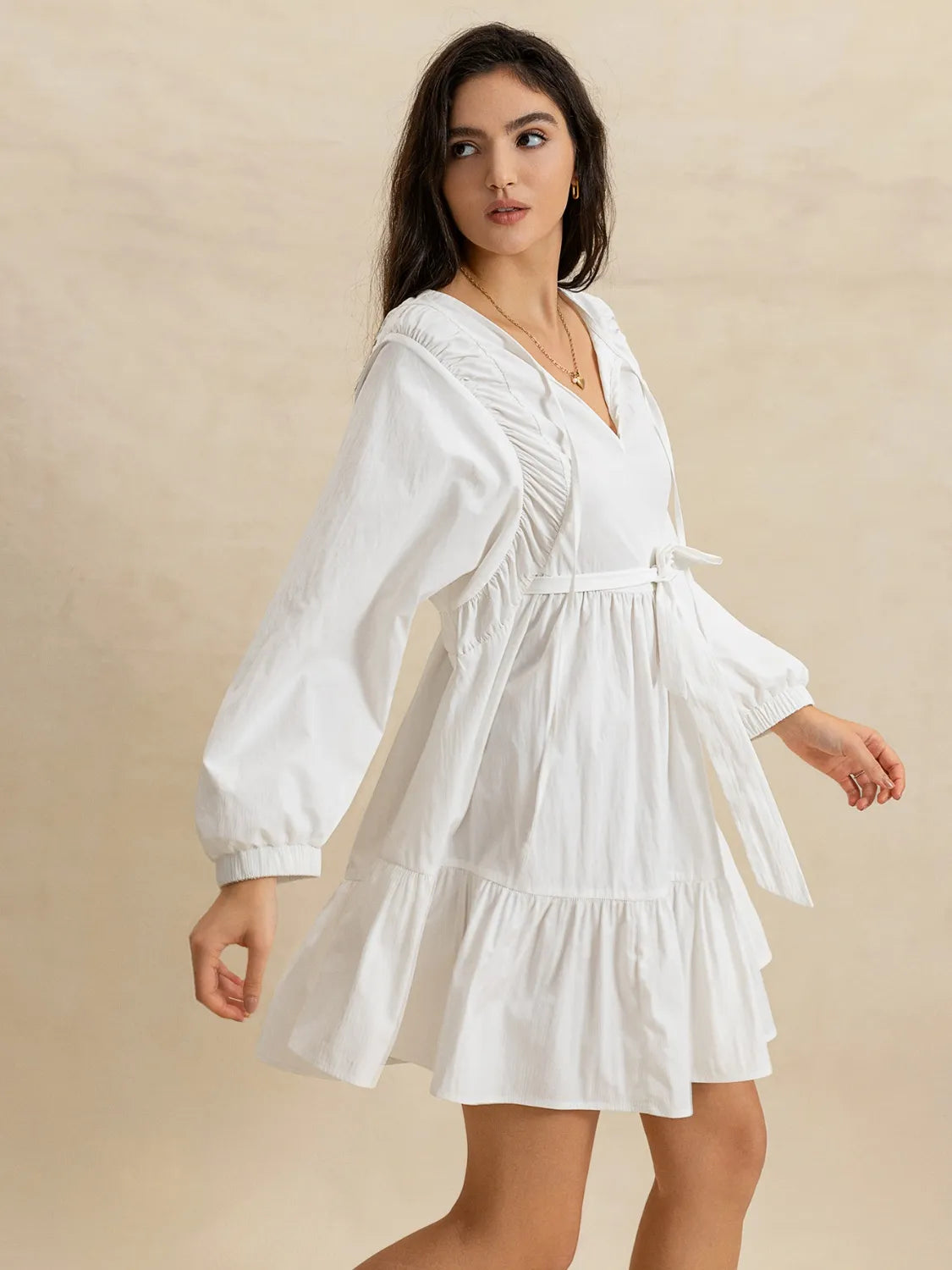Tiered Tie Neck Long Sleeve White Mini Dress - Tigbul's Variety Fashion Shop