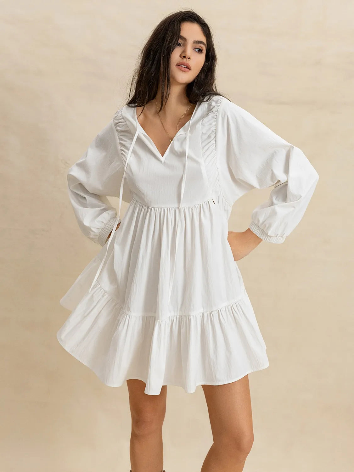Tiered Tie Neck Long Sleeve White Mini Dress - Tigbul's Variety Fashion Shop