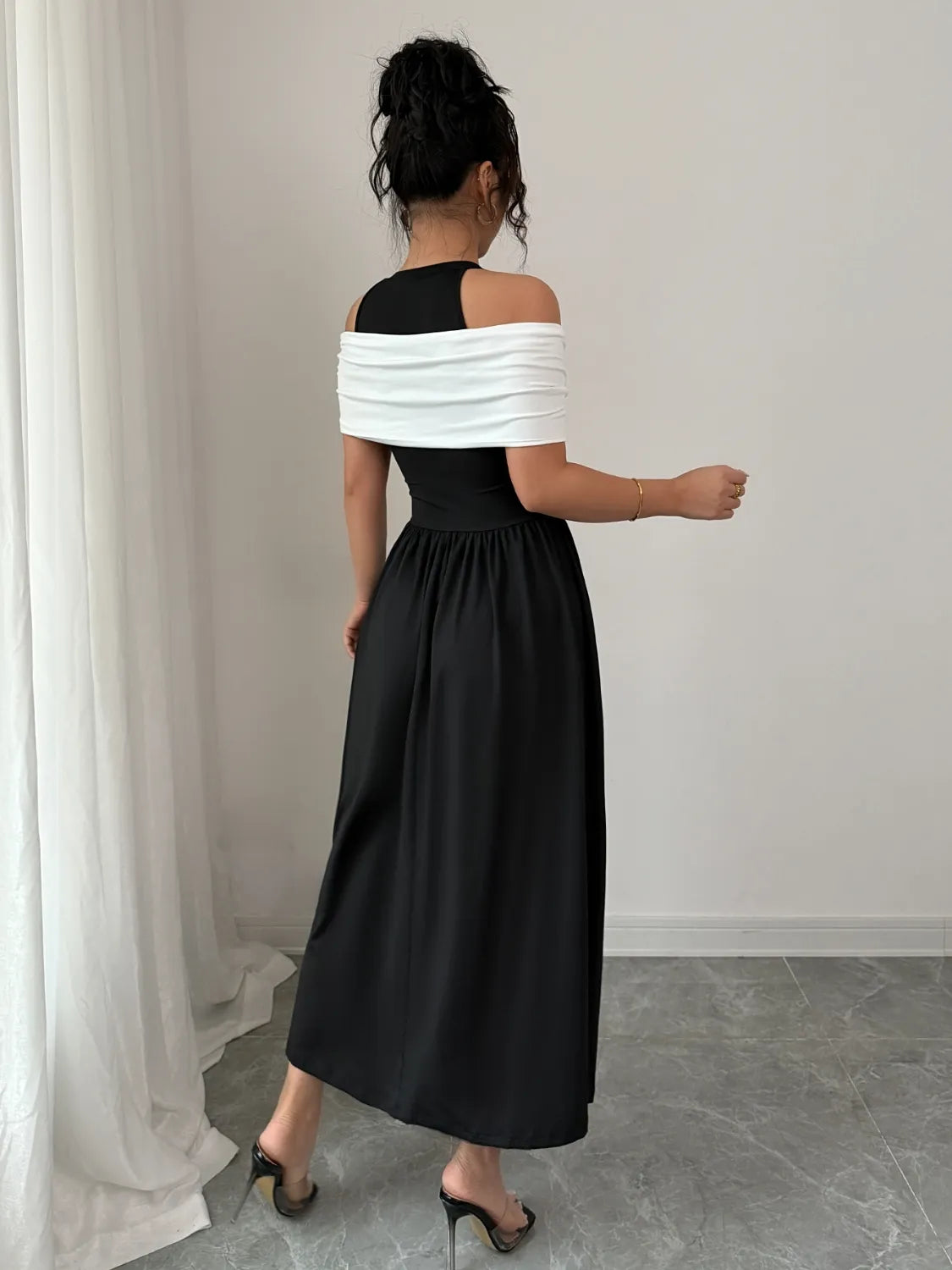 Twisted Contrast Cold Shoulder Midi Dress - Tigbul's Variety Fashion Shop
