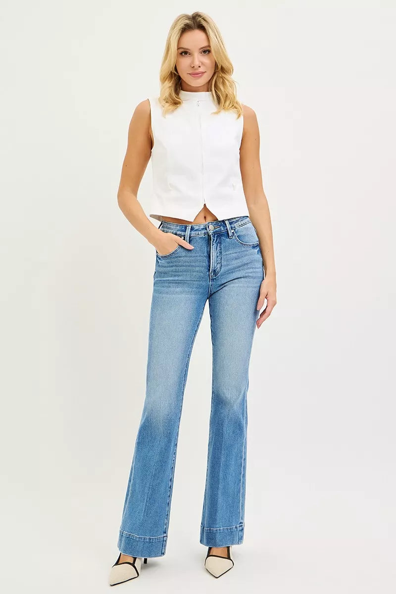 RISEN Tummy Control 4 Way Stretch Mid Rise Flare Jeans - Tigbul's Variety Fashion Shop
