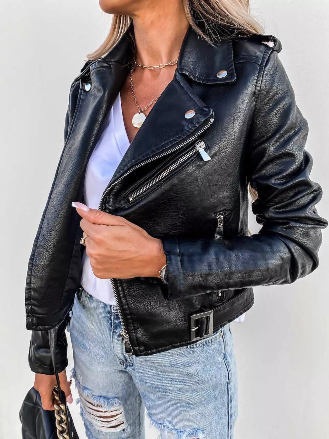 Full Size Zip Up Leather Motorcycle Biker Jacket Plus Size - Tigbul's Variety Fashion Shop