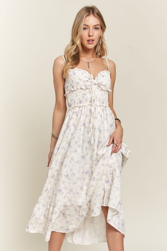 Lavender Smocked Floral Sweetheart Neck Cami Dress - Tigbul's Variety Fashion Shop