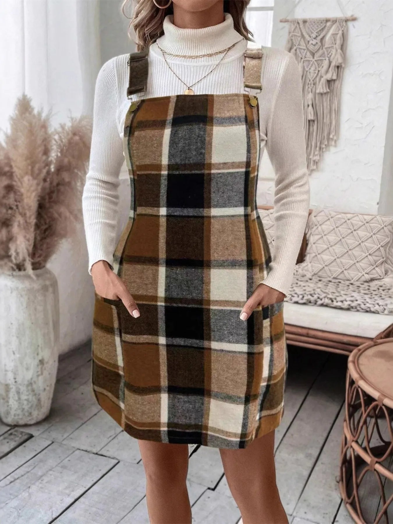 Plaid Square Neck Mini Dress - Tigbul's Variety Fashion Shop