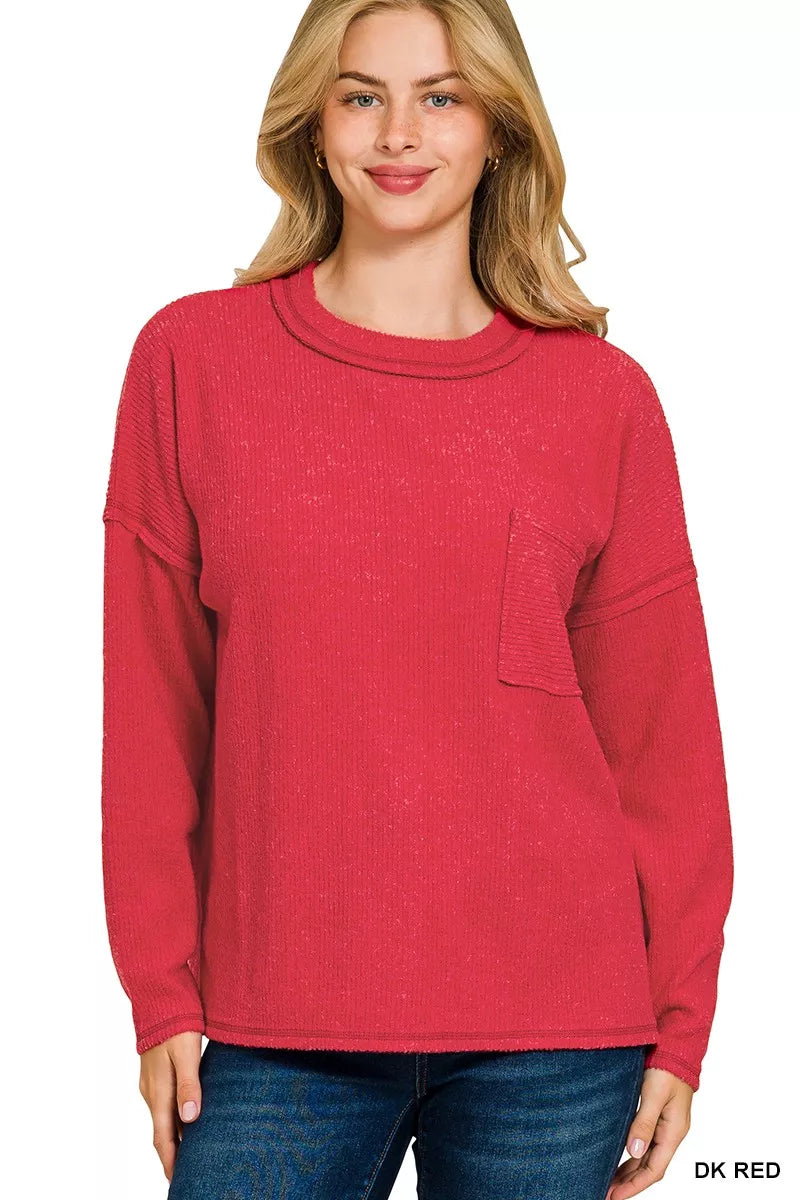 Zenana Ribbed Brushed Melange Hacci Sweater with Chest Pocket - Tigbul's Variety Fashion Shop