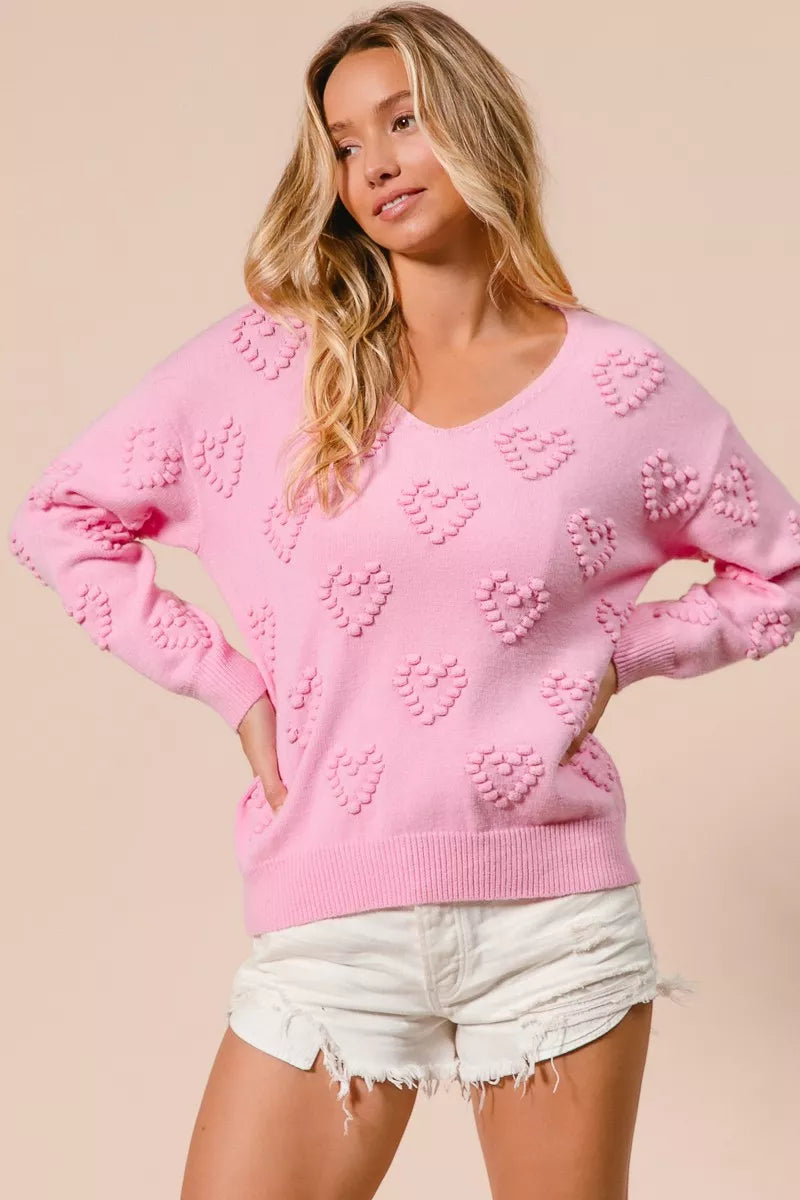 BiBi Valentines Heart Pompom V Neck Knit Top - Tigbul's Variety Fashion Shop