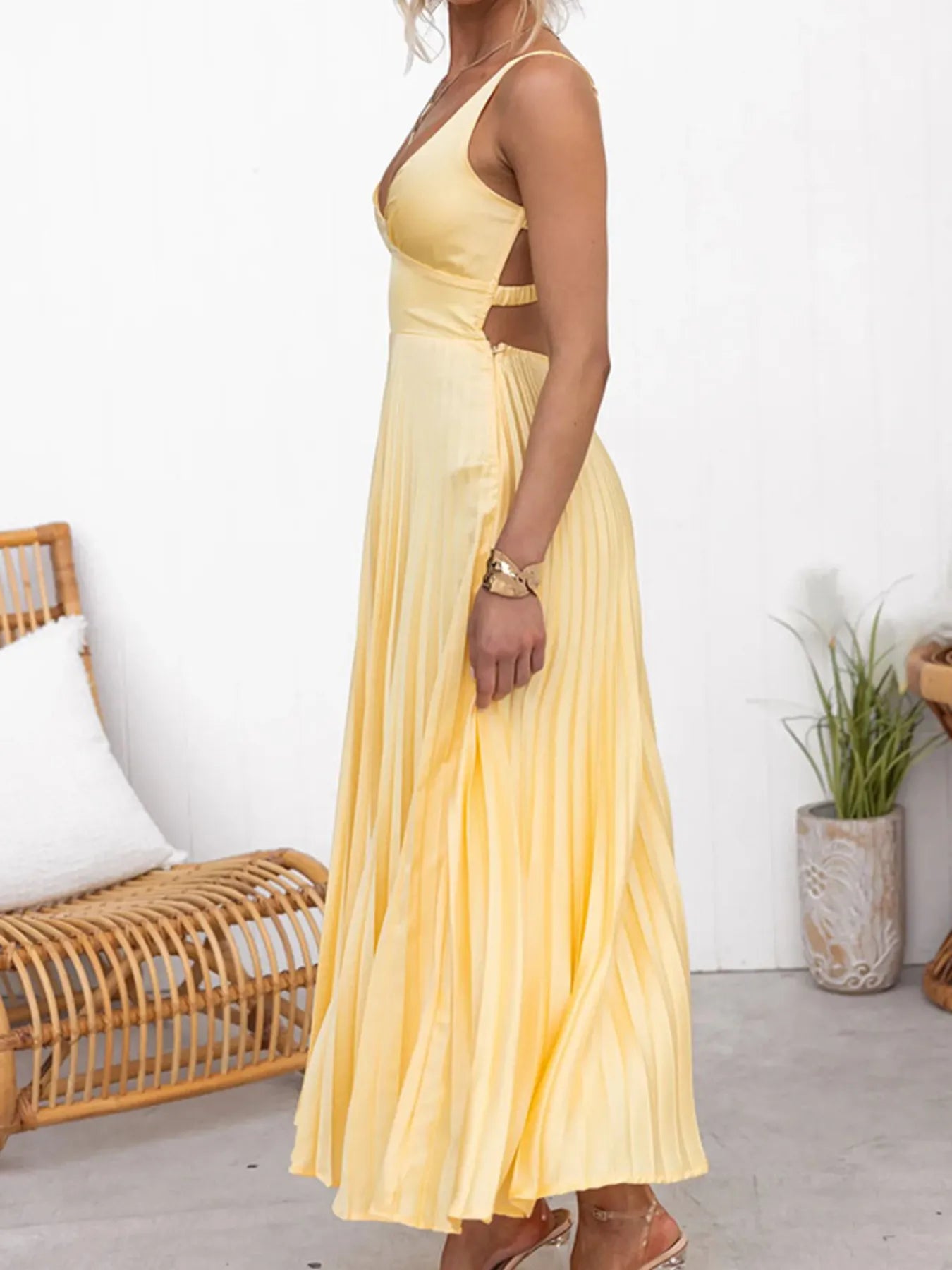 Pleated V-Neck Sleeveless Maxi Dress - Tigbul's Variety Fashion Shop