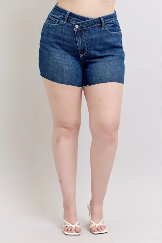 Judy Blue Plus Size High Waist Criss-Cross Waistband Denim Shorts - Tigbul's Variety Fashion Shop