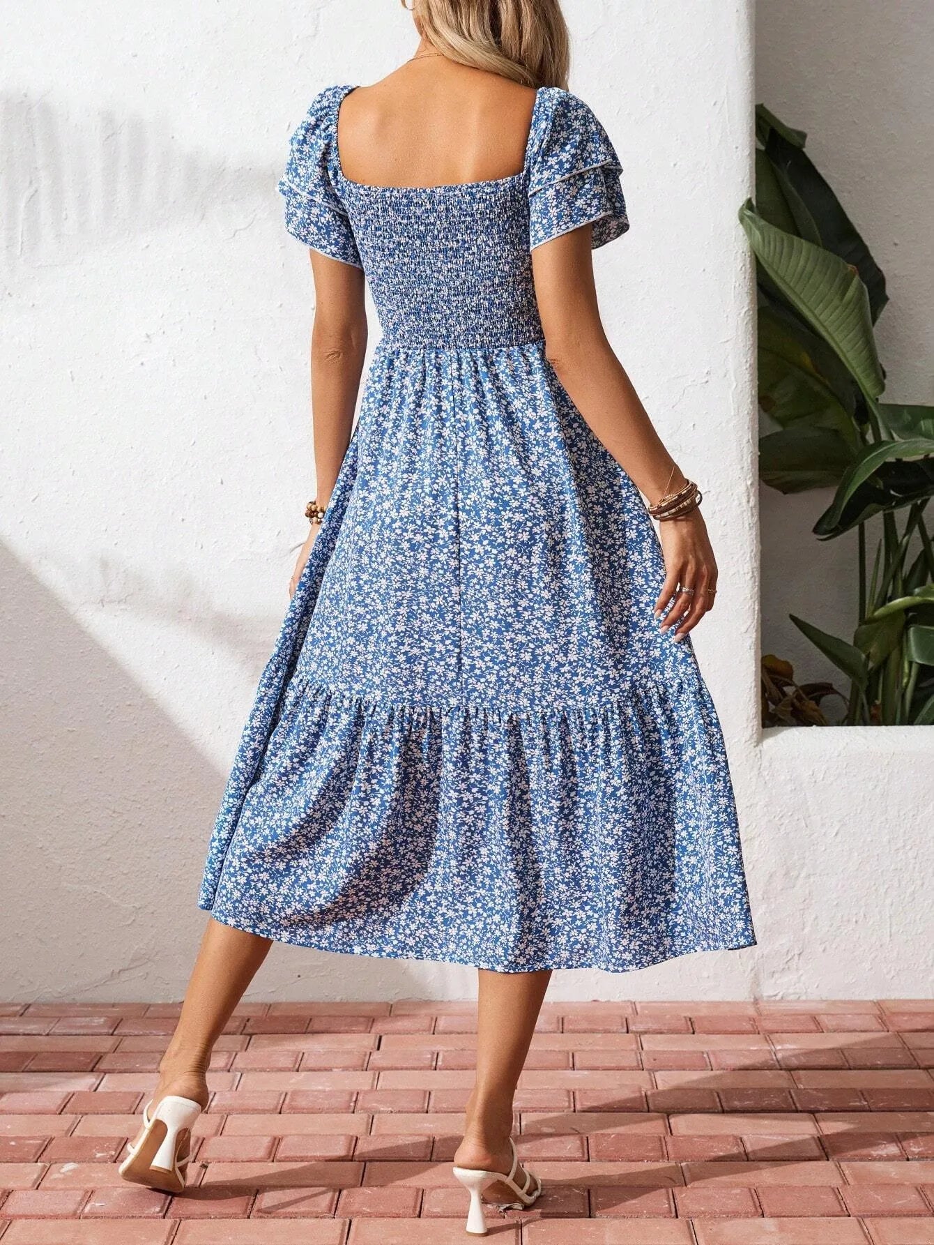 Blue Floral Smocked Square Neck Midi Dress - Tigbul's Variety Fashion Shop