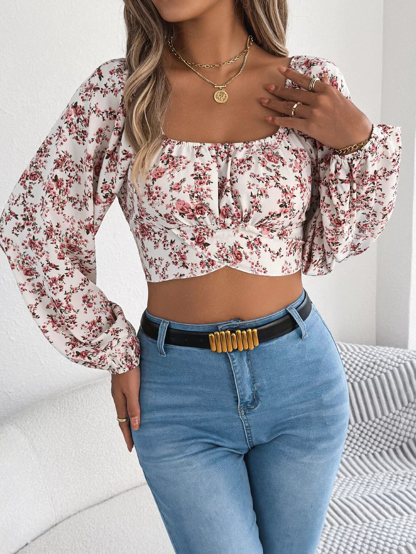 Floral Balloon Sleeve Square Neck Crop Blouse - Tigbul's Variety Fashion Shop