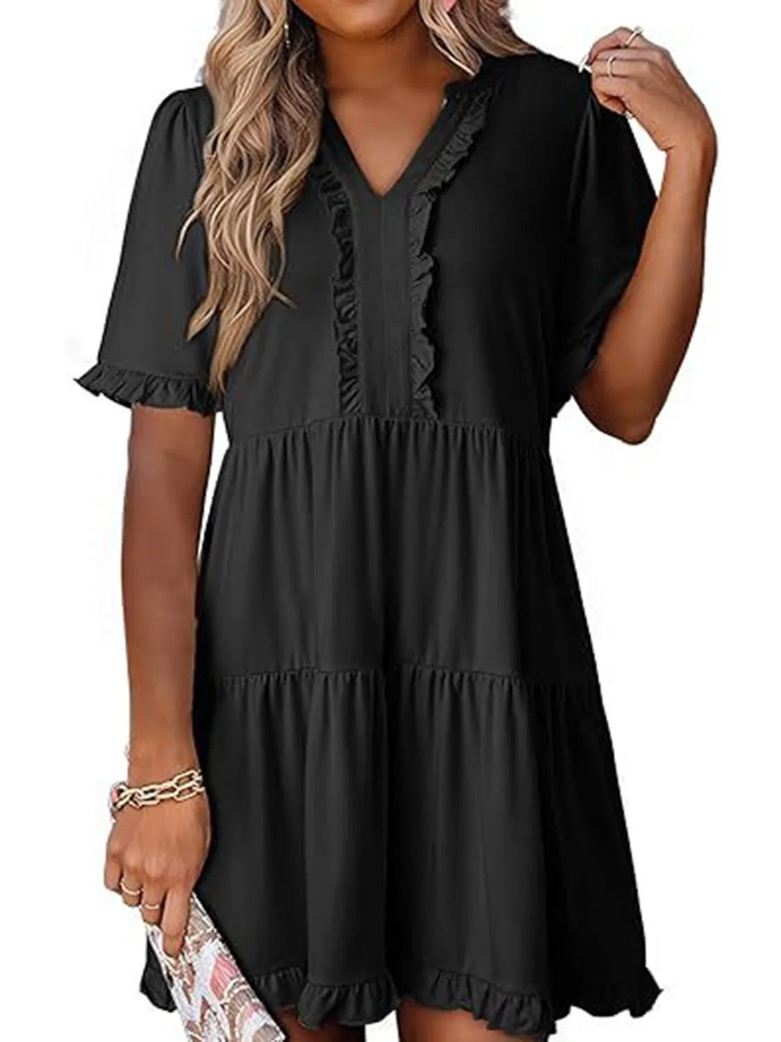 Tiered Notched Short Sleeve Mini Dress - Tigbul's Variety Fashion Shop
