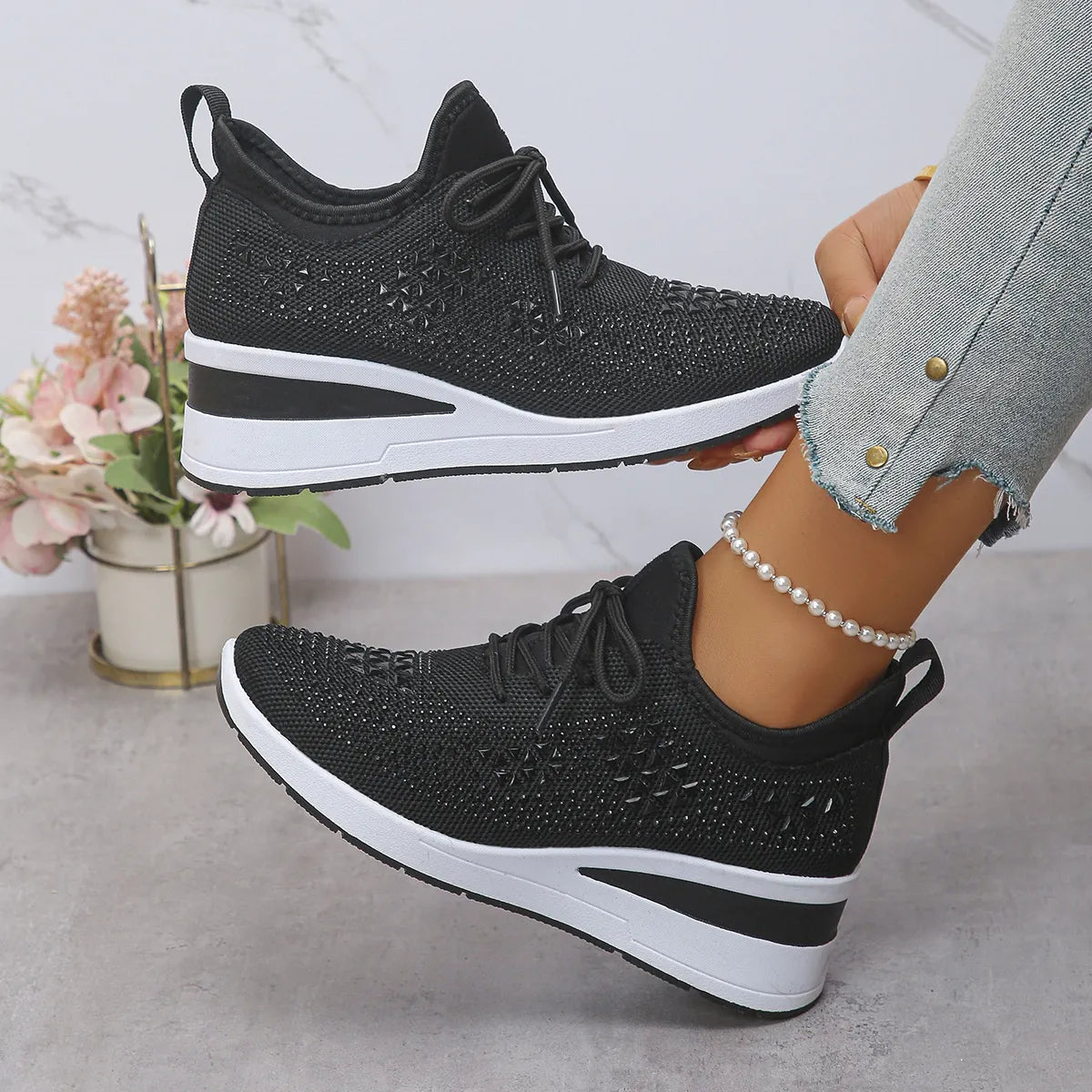 Breathable Mesh Rhinestone Wedge Athletic Sneakers - Tigbul's Variety Fashion Shop