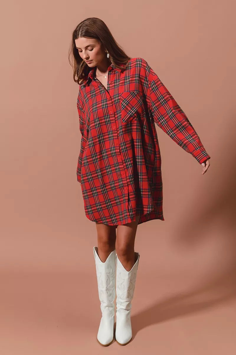 SO ME Christmas Checker Plaid Button Up Shirt Dress - Tigbul's Variety Fashion Shop