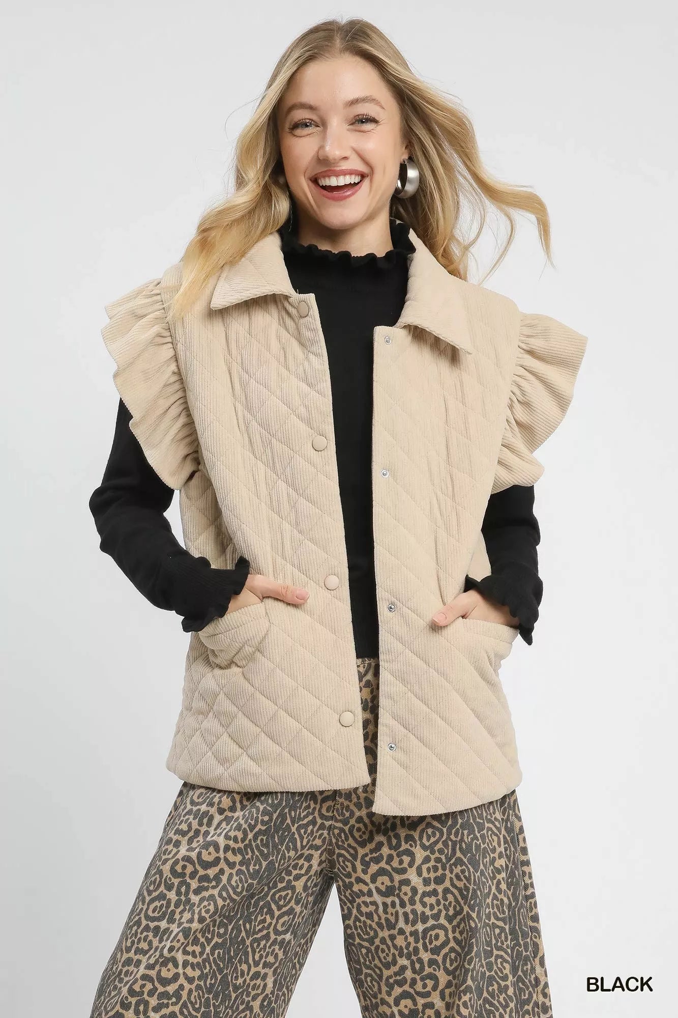 Umgee Ruffle Mock Neck Puff Sleeve Sweater - Tigbul's Variety Fashion Shop