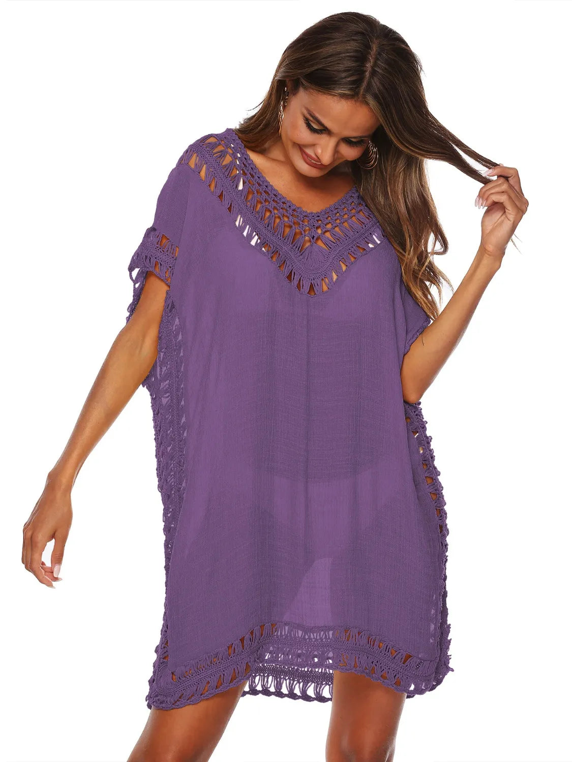 Bohemian Crochet Trim Beach Cover Up Dress - Tigbul's Variety Fashion Shop