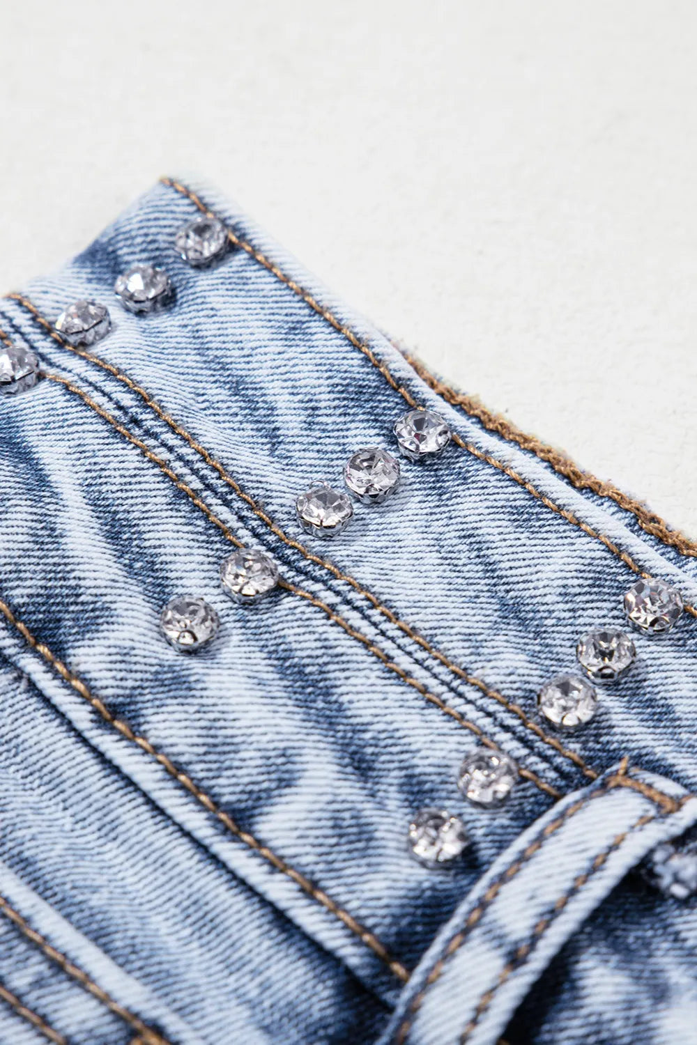 Rhinestone Light Wash Raw Hem High Waist Denim Shorts - Tigbul's Variety Fashion Shop