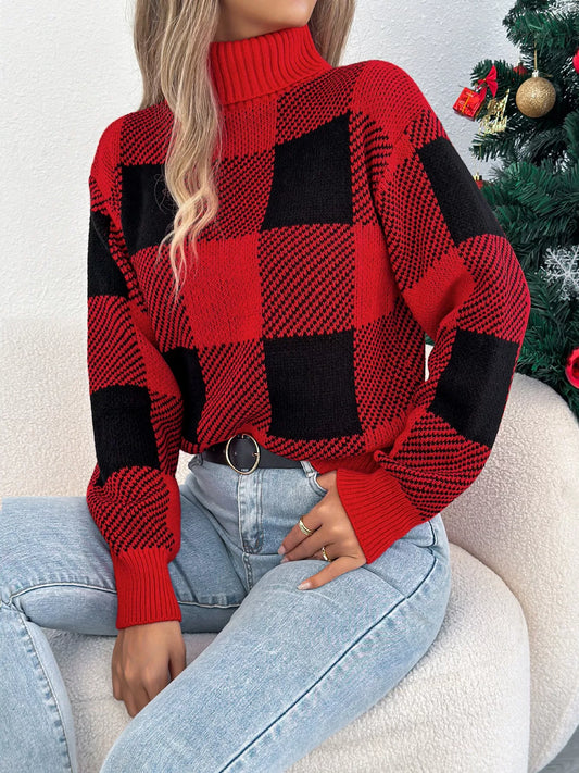 Plaid Long Sleeve Turtleneck Sweater - Tigbul's Variety Fashion Shop